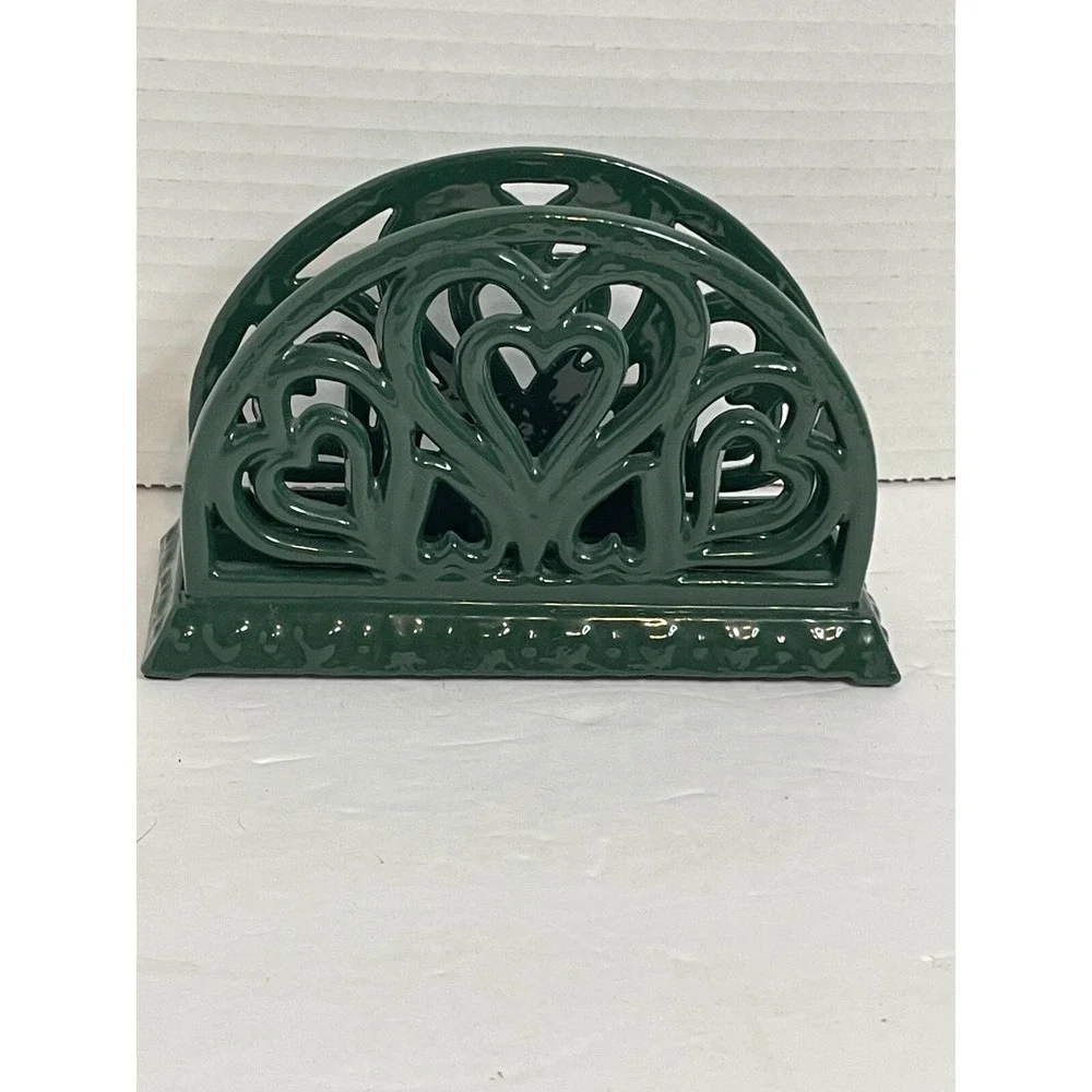 Vintage Green Ornate Heavy Metal Wrought Iron Napkin Holder/Letter Holder Hearts